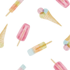 Seamless ice-cream pattern looks sweet and colorful. Pastel dessert feels fun. Summer treat repeats playful shapes.