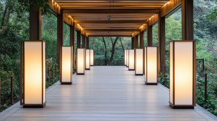 Naklejka premium Lantern walkway lantern lit walkway silhouettes blank center zone serene illuminated path