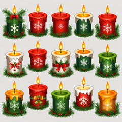 A collection of artistically designed candle lights, each candle is decorated with different motifs such as snowflakes and bows, isolated on a white background