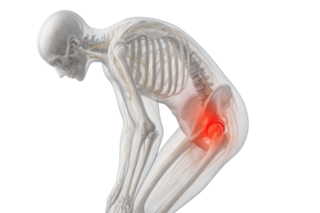 Detailed anatomical illustration of human skeleton showing inflamed hip joint with highlighted pain region in bent posture isolated on white background