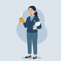 Businesswoman holding a warm coffee cup and documents. Professional morning routine, confident office worker standing with a friendly smile. Modern flat vector illustration.