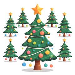 Decorated Christmas trees with a golden star on top, surrounded by colorful ornaments. It creates a festive atmosphere of the holiday season. , isolated on a white background