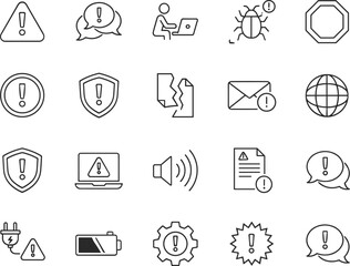Warning and alert icon collection featuring security symbols, error notifications, system issues, communication alerts, and technical danger signs in clean modern vector style.