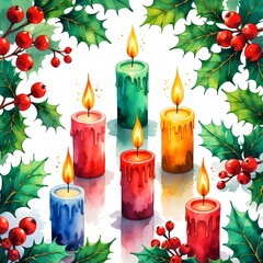 Festive candles surrounded by holly berries and leaves, evoking warmth and joy , isolated on a white background