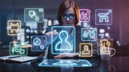 Woman interacts with holographic user profile icons at office desk. Businesswoman touches digital icon interface. Woman manages user data with hologram. Professional with icon display at desk. - Powered by Adobe