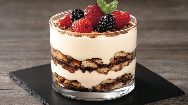 Creamy layered dessert with mascarpone, cocoa and fresh berries, elegant rustic presentation