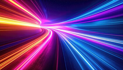 Vivid abstract artwork with flowing light trails in multiple neon colors, forming a tunnel