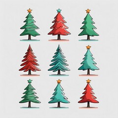 A delightful array of Christmas trees, each with a unique charm, standing in orderly rows, all topped with a radiant star. This illustration perfectly captures the holiday spirit