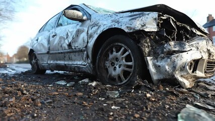 Wrecked automobile, severely burnt and crumpled on muddy ground, its front end smashed with widespread shattered glass fragments from a devastating collision.