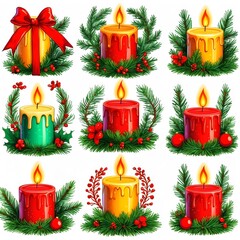 A vibrant tableau of holiday candles, each encircled with festive foliage and berries. Perfect for conveying the joy and spirit of the season