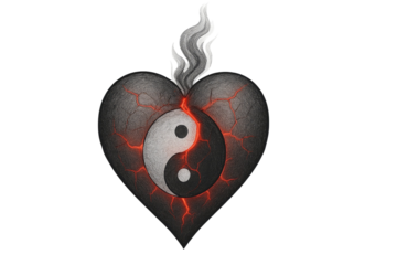 Burning cracked dark heart featuring glowing yin yang core with fiery smoke rising from center isolated on white background