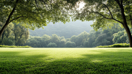 Obraz premium Sunlit green meadow framed by trees with distant forest and gentle morning haze