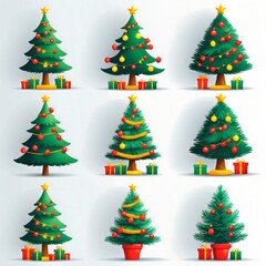 Festive Christmas trees adorned with ornaments and gifts, an animated compilation of seasonal joy. A visual medley of celebration, embodying the spirit of yuletide
