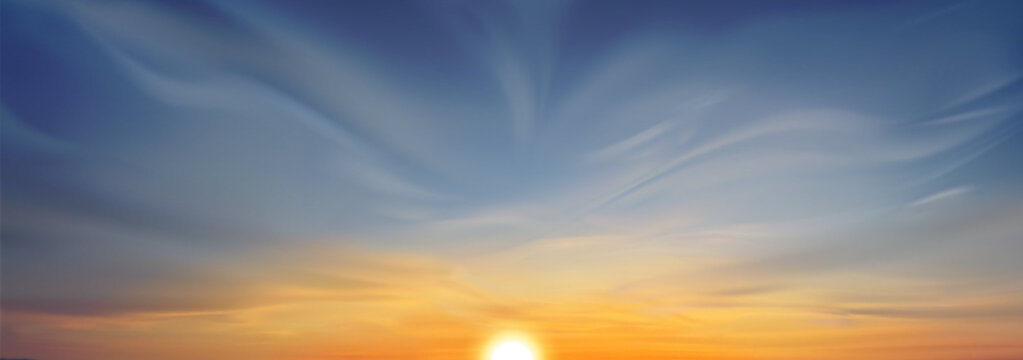 Realistic sunset sky with clouds, sun going down on horizon. Vector illustration of beautiful natural background, dramatic sunrise above sea or field, beautiful yellow blue gradient, heavenly skyline