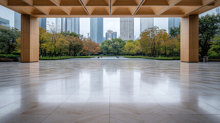 Naklejka premium Open plaza marble floor modern wooden canopy urban park skyline view peaceful autumn