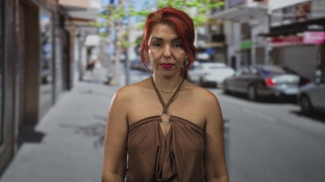 Woman with red hair, bare shoulders and closed eyes on a city street wearing a brown halter top and gold necklaces; serenity reflection resilience.