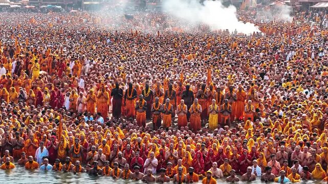 Massive Crowd Gathering on Riverbank During Kumbh Mela Festival