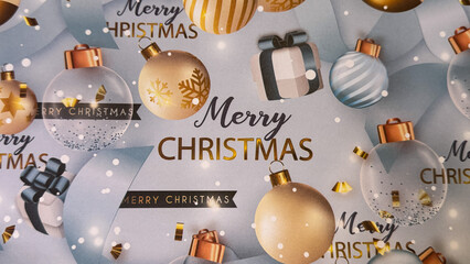 A festive Christmas background with gold and blue ornaments, gift boxes, confetti, and “Merry Christmas” text on a soft winter backdrop, perfect for holiday designs
