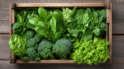 Fresh green leafy vegetables and broccoli in wooden crate, natural vibrant produce