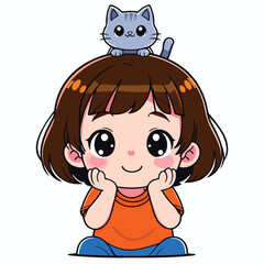 Obraz premium Cute Child with Cat on Head – Cartoon Kid in Orange Shirt and Gray Tabby Companion with Whimsical Pose