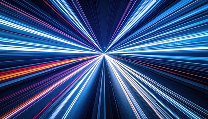 Converging light trails stream towards a bright focal point, showcasing vibrant speed