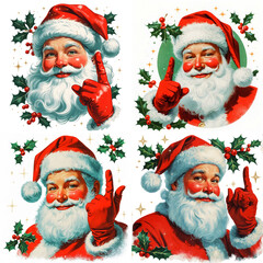 Whimsical illustrations of a jovial elder in a red suit, each portraying a unique festive gesture, perfect for holiday-themed projects, vintage card style 