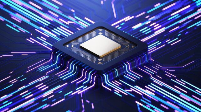 A futuristic microchip surrounded by vibrant digital circuits, representing advanced technology and innovation in computing.