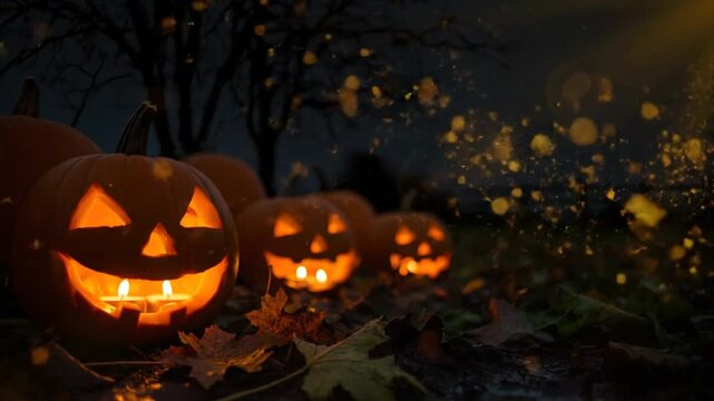 Spooky Halloween night scene with glowing carved pumpkins and flickering candle lights in a forest background
