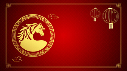 Red and Gold Chinese New Year Background with Zodiac Horse and Traditional Lanterns