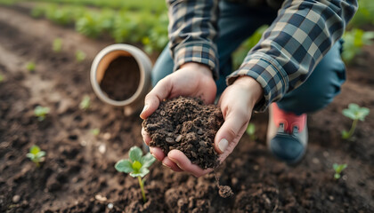 Farmers hand holding fertile soil close-up. Farmer checking soil quality on farm. Farmer pouring compost. Agronomist farmer examining earth fertility. Hands of farmer with fertilizer. Farming concept