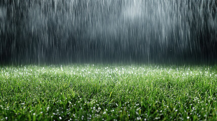 Fototapeta premium Green grass rain drops luminous wet field serene ambience