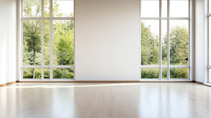 Fototapeta premium Sunlit empty room with large window and serene green view