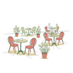 Sidewalk cafe terrace.Outdoor bistro seating.Hand drawn restaurant scene.Couple dining illustration.European cafe sketch