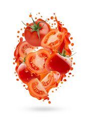 Fresh tomato juice with cut pulpy red tomato slices in dynamic splashes soar as flow, isolated. Great for summer vegetable detox menu, vitamin product promotion, antioxidant beverage, juice label.