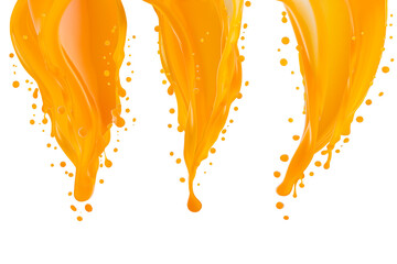Flows of fresh orange carrot or mango juice with dynamic splashes, flying drops, isolated. Set of three streams. Healthy organic drink for design of detox diet menu, fitness cuisine, restaurant, card.