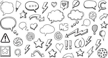 Hand drawn doodle set of various speech bubbles and design elements.
