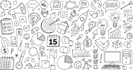 Handdrawn doodle set of business and marketing icons with various elements.