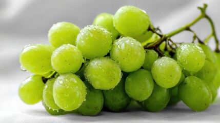 Fresh green grapes with water droplets on a light colored surface in a simple setting during the day