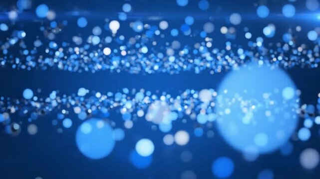 Abstract blue bokeh particles floating and exploding with light flares, festive and celebratory background
