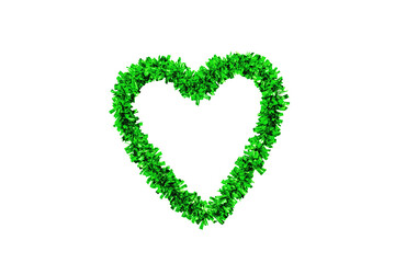 Closeup of a green heart made of garlands isolated. Design element for Valentine's Day, weddings, Mother's Day, Christmas or other holidays. Romantic symbol.