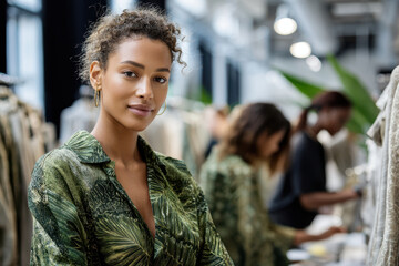 Fashion showcase featuring a model in a green patterned outfit at a contemporary boutique event
