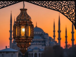 Ornate lantern and mosque silhouette at sunset in Istanbul