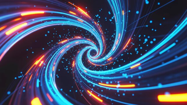 A vibrant, swirling pattern of blue and red lights creating a dynamic, abstract visual representation of energy and motion.