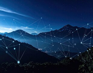 Dark night mountain range with white connected lines overlay depicting technology