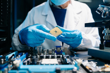 The technician is putting the CPU on the socket of the computer motherboard. electronic engineering electronic repair, electronics measuring