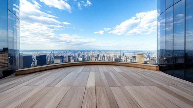 Rooftop observation deck overlooking city skyline with glass railing and wooden floor