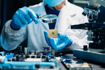 The technician is putting the CPU on the socket of the computer motherboard. electronic engineering...