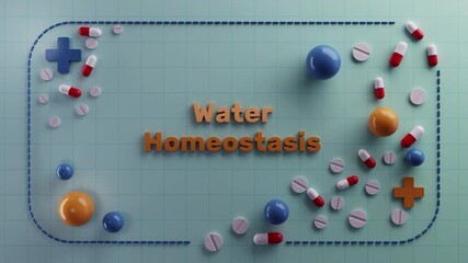 3D medical animation featuring "Water Homeostasis" with detailed cellular structures, metabolic pathways, biological mechanisms and scientific visualization for educational, clinical, nutritional 