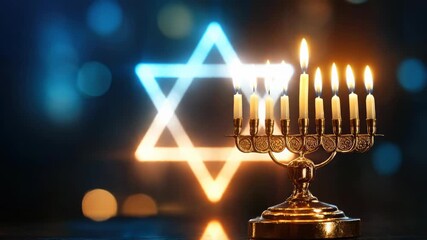 Jewish Hanukkah menorah with all candles alight, emitting warm glow. Golden candelabrum stands against a blurred Magen David symbol. Festive holiday celebration light.