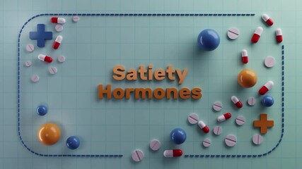 3D medical animation featuring "Satiety Hormones" with detailed cellular structures, metabolic pathways, biological mechanisms and scientific visualization for educational, clinical, nutritional 